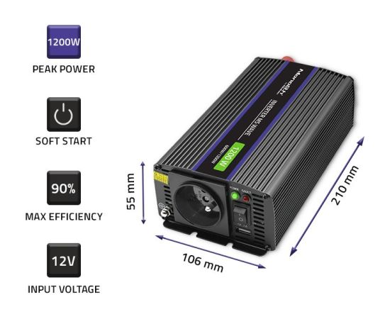 Qoltec 51925 Monolith voltage converter 1200 MS Wave |12V to 230V | 600/1200W | USB