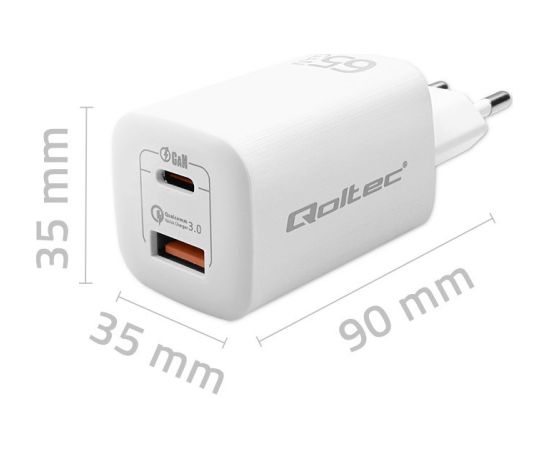 Qoltec 50765 mobile device charger Laptop, Portable gaming console, Power bank, Smartphone, Smartwatch, Tablet White AC Fast charging Indoor