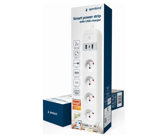 Gembird Smart power strip with USB charger, 4 French sockets, white