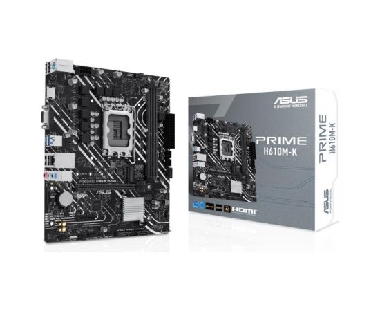 Mainboard ASUS Intel H610 LGA1700 Micro-ATX Memory DDR5 Memory slots 2 1xPCI-Express 3.0 1x 1xPCI-Express 4.0 16x 1xM.2 1x15pin D-sub 1xHDMI 4xUSB 2.0 2xUSB 3.2 1xPS/2 1xRJ45 3xAudio port PRIMEH610M-K