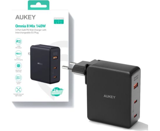 Wall charger AUKEY PA-B7O Omnia II GaN 2xUSB-C 1xUSB-A PD 3.1 PPS 140W EU/US/UK