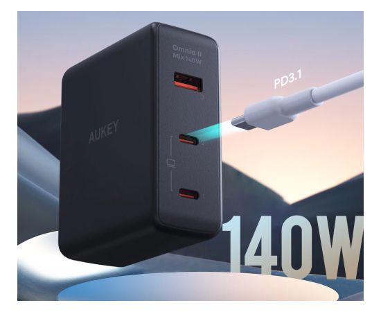 Wall charger AUKEY PA-B7O Omnia II GaN 2xUSB-C 1xUSB-A PD 3.1 PPS 140W EU/US/UK