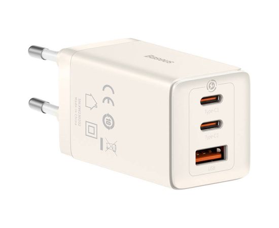 Wall charger Baseus GaN5 2x USB-C + USB, 65W + cable 1m (white)