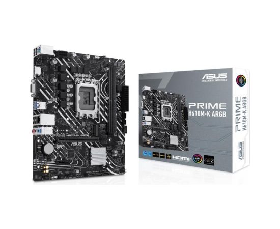 Mainboard ASUS Intel H610 LGA1700 Micro-ATX Memory DDR5 Memory slots 2 1xPCI-Express 3.0 1x 1xPCI-Express 4.0 16x 1xM.2 1x15pin D-sub 1xHDMI 1xAudio-In 1xAudio-Out 1xMicrophone 4xUSB 2.0 2xUSB 3.2 1xPS/2 1xRJ45 PRIMEH610M-KARGB