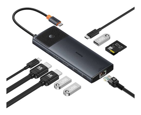 Adapter Hub 10in1 Baseus USB-C - 2xHDMI, 3xUSB-A, USB-C, RJ45, SD/TF, PD (black)