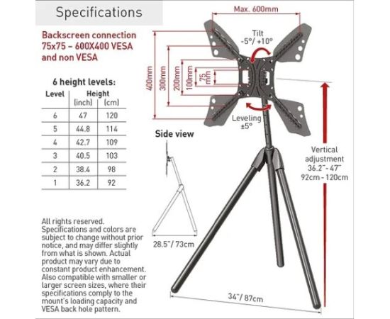 Barkan DTP410 13"-83" TV, pakreipiamas, trikojis