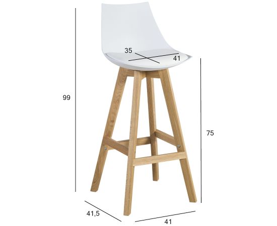 Барный стул SONJA 41x41,5xH99cм, сиденье: пластик / кожзаменитель, цвет: белый, ножки: дуб