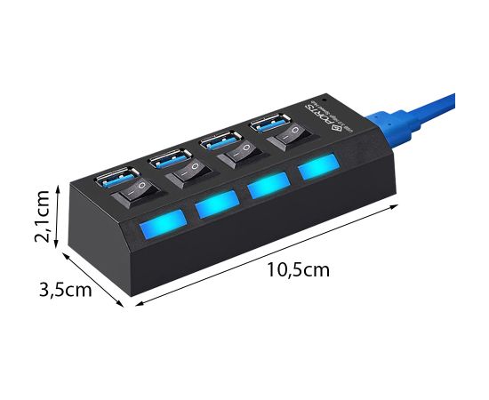 Goodbuy adapteris (sadalītājs) no USB 3.0 uz 4 x USB 3.0 | 5Gbps ar atsevišķām ieslēgšanas | izslēgšanas pogām melns