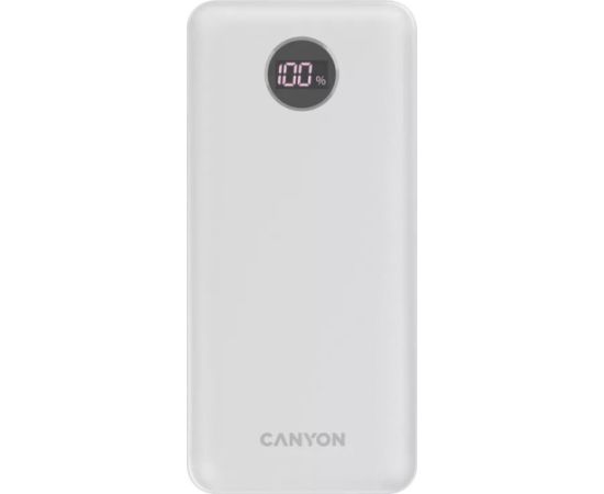 Powerbank Canyon PB-2002 20000mAh Li-poly battery, Input Type-C 5V3A,9V2A,18W , Output Type-C：5V3A,9V2.2A,12V1.5A,20W, Output USBA1/USBA2：5V3A,5V/4.5A,4.5V/5A,9V2A,12V1.5A,22.5W147.5*69*28.6mm, 0.437g , cable Type C, white