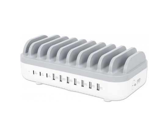 Manhattan Charging Station, 10x Ports: 3x USB-C (up to 18W PD) and 7x USB-A (up to 12W), 120W Total Output, White/Grey, Three Year Warranty, Box