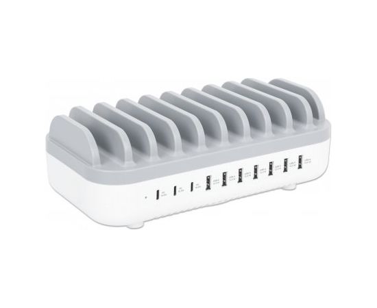 Manhattan Charging Station, 10x Ports: 3x USB-C (up to 18W PD) and 7x USB-A (up to 12W), 120W Total Output, White/Grey, Three Year Warranty, Box