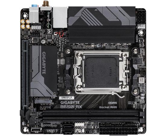 Mainboard GIGABYTE AMD B650 SAM5 Mini-ITX Memory DDR5 Memory slots 2 1xPCI-Express 16x 1xM.2 1xHDMI 1xDisplayPort 3xUSB 2.0 2xUSB 3.2 1xUSB-C 1xRJ45 3xAudio port B650IAX