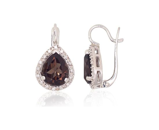 Серебряные серьги на английском замке #2204075(PRh-Gr)_CZ+KZSM, Серебро 925°, родий (покрытие), Цирконы, Дымчатый кварц, 6.3 гр.