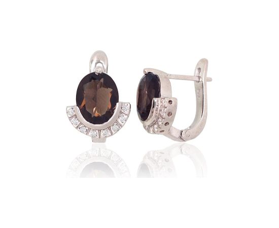 Серебряные серьги на английском замке #2204034(PRh-Gr)_CZ+KZSM, Серебро 925°, родий (покрытие), Цирконы, Дымчатый кварц, 6.4 гр.