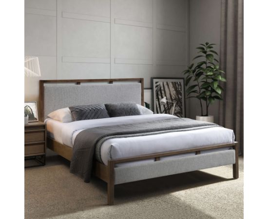 Bed VOKSI 160x200cm, grey fabric/walnut