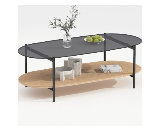 Coffee table CINDY 120x55xH40cm, grey glass/melamine oak