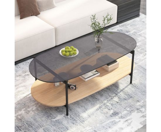 Coffee table CINDY 120x55xH40cm, grey glass/melamine oak