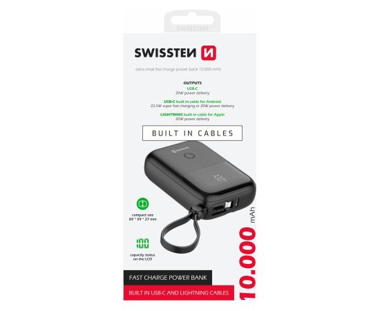 Swissten Power Bank с USB-C и Lightning Проводом 10 000 mAh 22.5W