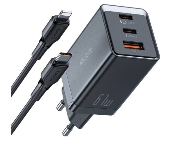 Mcdodo CH-1544 GaN wall charger, 2x USB-C, 1x USB, 67W + USB-C to USB-C cable (black)