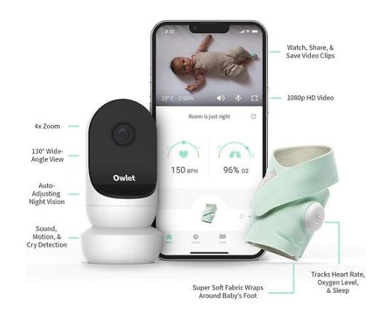 Owlet Monitor Duo: Smart Sock 3 + Cam 2 viedās zeķes + bērnu monitors, Mint