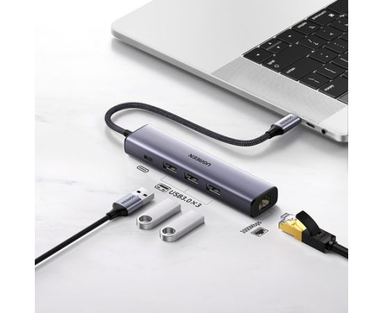Адаптер Ugreen CM475 USB-C to USB-C + 3xUSB-A + RJ45 серый
