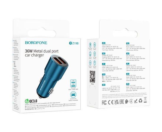 Car charger Borofone BZ19B 2xUSB-A QC3.0 36W blue
