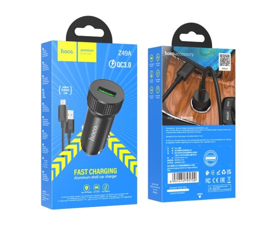 Car charger Hoco Z49A QC3.0 18W + MicroUSB black Telefonu lādētāji 12v Automašīnām