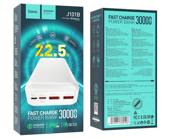 External battery Power Bank Hoco J101B PD 20W+Quick Charge 3.0 22.5W 30000mAh white