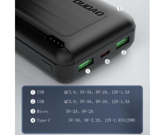 External battery Power Bank Dudao K12PQ+ PD 20W QC 3.0 2xUSB-A/Type-C 20000mAh black