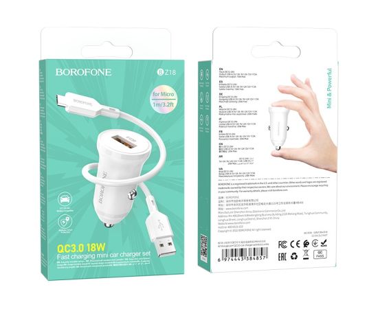 Автомобильная зарядка Borofone BZ18 Quick Charge 3.0 18W + MicroUSB белая