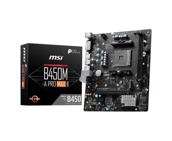 Mainboard MSI AMD B450 SAM4 Micro-ATX Memory DDR4 Memory slots 2 1xPCI-Express 2.0 1x 1xPCI-Express 3.0 16x 1xM.2 1xDVI-D 1xHDMI 2xUSB 2.0 4xUSB 3.2 2xPS/2 1xRJ45 3xAudio port B450M-APROMAXII