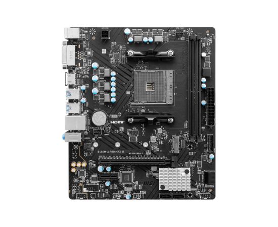 Mainboard MSI AMD B450 SAM4 Micro-ATX Memory DDR4 Memory slots 2 1xPCI-Express 2.0 1x 1xPCI-Express 3.0 16x 1xM.2 1xDVI-D 1xHDMI 2xUSB 2.0 4xUSB 3.2 2xPS/2 1xRJ45 3xAudio port B450M-APROMAXII