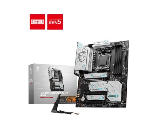 Mainboard MSI AMD X670 SAM5 ATX Memory DDR5 Memory slots 4 1xPCI-Express 1x 3xPCI-Express 16x 4xM.2 1xHDMI 1xDisplayPort 1xAudio-In 1xAudio-Out 1xMicrophone 4xUSB 2.0 6xUSB 3.2 1xUSB-C 1xRJ45 X670EGAMINGPLUSWIFI