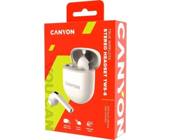 CANYON TWS-6, Bluetooth headset, with microphone, BT V5.3 JL 6976D4, Frequence Response:20Hz-20kHz, battery EarBud 30mAh*2+Charging Case 400mAh, type-C cable length 0.24m, Size: 64*48*26mm, 0.040kg, Beige