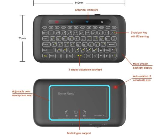 Fusion H120 mini bezvadu tastatūra + skārienpaliktnis personālajam datoram | PS4 | Xbox | Smart TV | Android melns