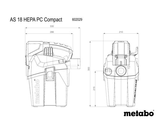 Akumulatora putekļu sūcējs AS 18 HEPA PC Compact, karkass, Metabo