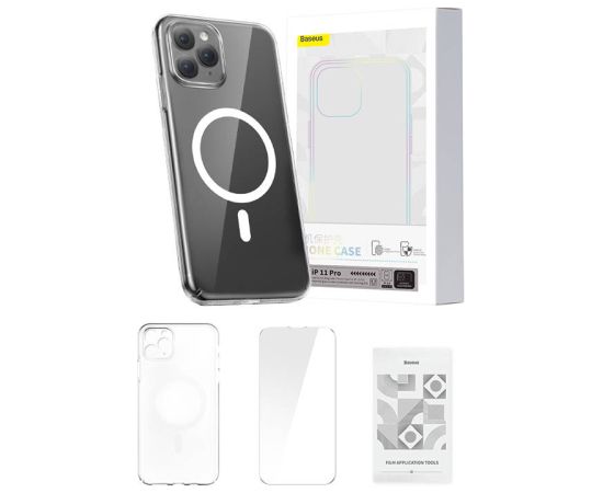 Phone case Baseus Magnetic Crystal Clear for iPhone 11 Pro (transparent) with all-tempered-glass screen protector and cleaning kit