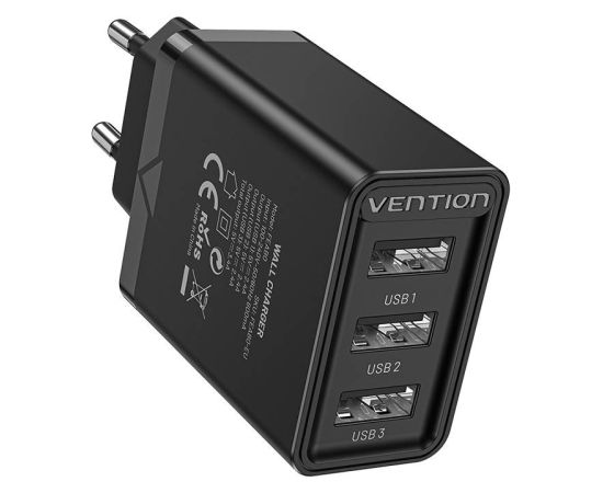 Wall charger 3x USB Vention FEAB0-EU, 2.4A, 12W (black)