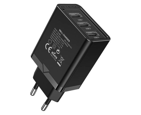 Wall charger 3x USB Vention FEAB0-EU, 2.4A, 12W (black)