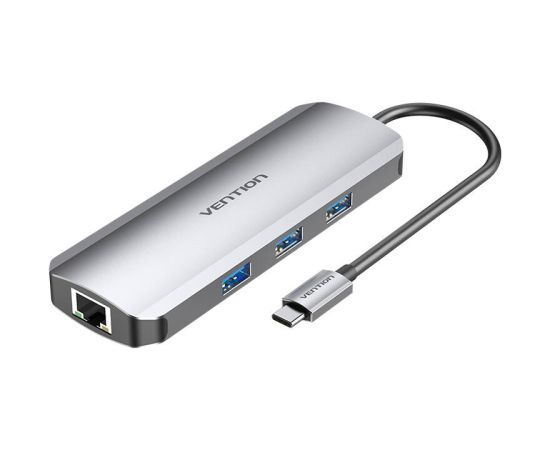 USB-C Docking Station to HDMI, 3x USB3.0, RJ45, SD, TF, PD 0.15m Vention TOKHB (gray) Dokstacijas portatīvajiem datoriem