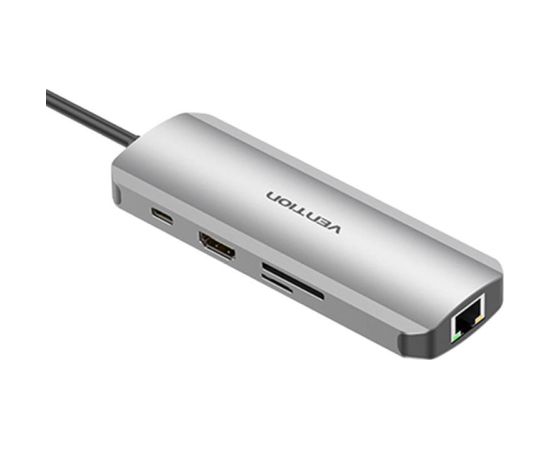 USB-C Docking Station to HDMI, 3x USB3.0, RJ45, SD, TF, PD 0.15m Vention TOKHB (gray) Dokstacijas portatīvajiem datoriem