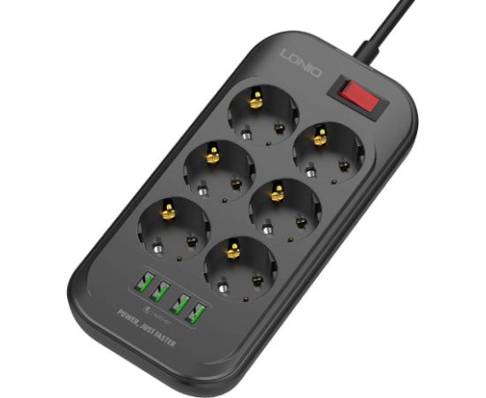 Power strip with 6 AC outlets, 4x USB, LDNIO SE6403, 2m (black)