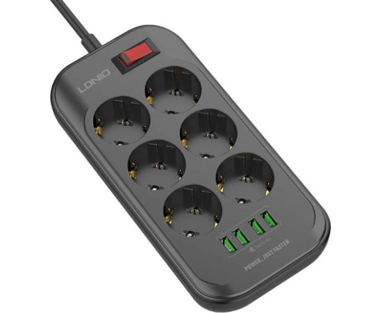 Power strip with 6 AC outlets, 4x USB, LDNIO SE6403, 2m (black)