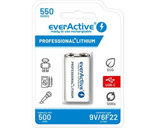 Rechargeable battery  everActive 6F22/9V Li-ion 550 mAh with USB TYPE C