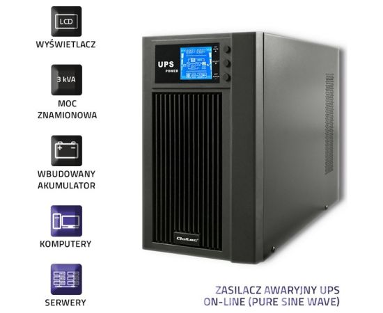 Qoltec 53043 Uninterruptible Power Supply | On-line | Pure Sine Wave | 3kVA | 2.4k0W | LCD | USB