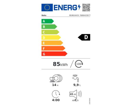 BEKO BDIN16435 SelfDry iebūvējamā trauku mazgājamā mašīna 60cm