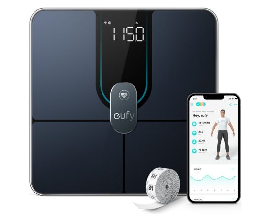 Eufy Smart Scale P2 Pro, Digital Bathroom Scale, Wi - Fi, Bluetooth, IPX5 Waterproof, ITO, 3D Model, 16 Measurements include Weight, Heart Rate, Body Fat, BMI, Muscle Mass, and Bone Mass Ķermeņa svari