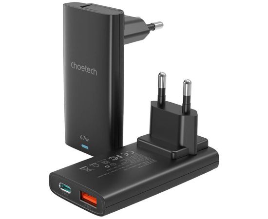 Mini travel wall charger Choetech PD6011 PD65W GaN slim USB-A+C  (black)