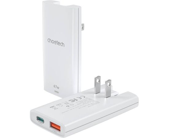 Mini travel wall charger Choetech PD6011 PD65W GaN slim USB-A+C  (white)