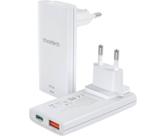 Mini travel wall charger Choetech PD6011 PD65W GaN slim USB-A+C  (white)